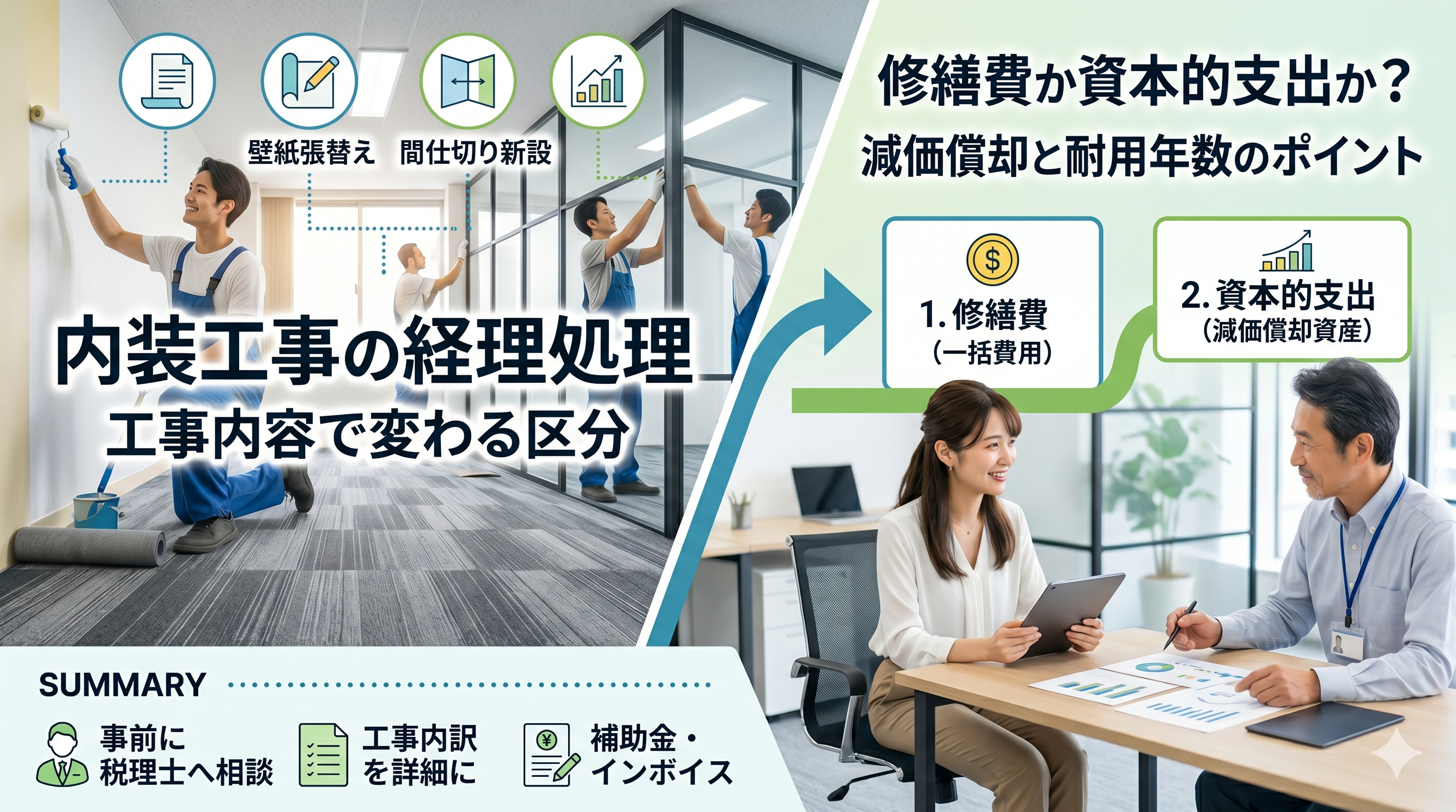 オフィスの内装工事の経理処理ポイントを解説｜勘定科目・耐用年数・修繕費判断の基礎